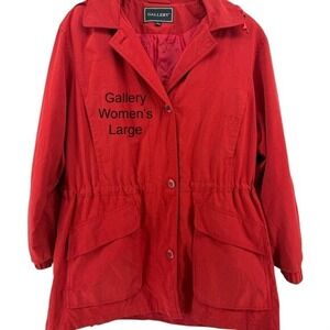 VTG‎ Gallery Red Hooded Rain Jacket Drawstring Waist Button Front Womens Large